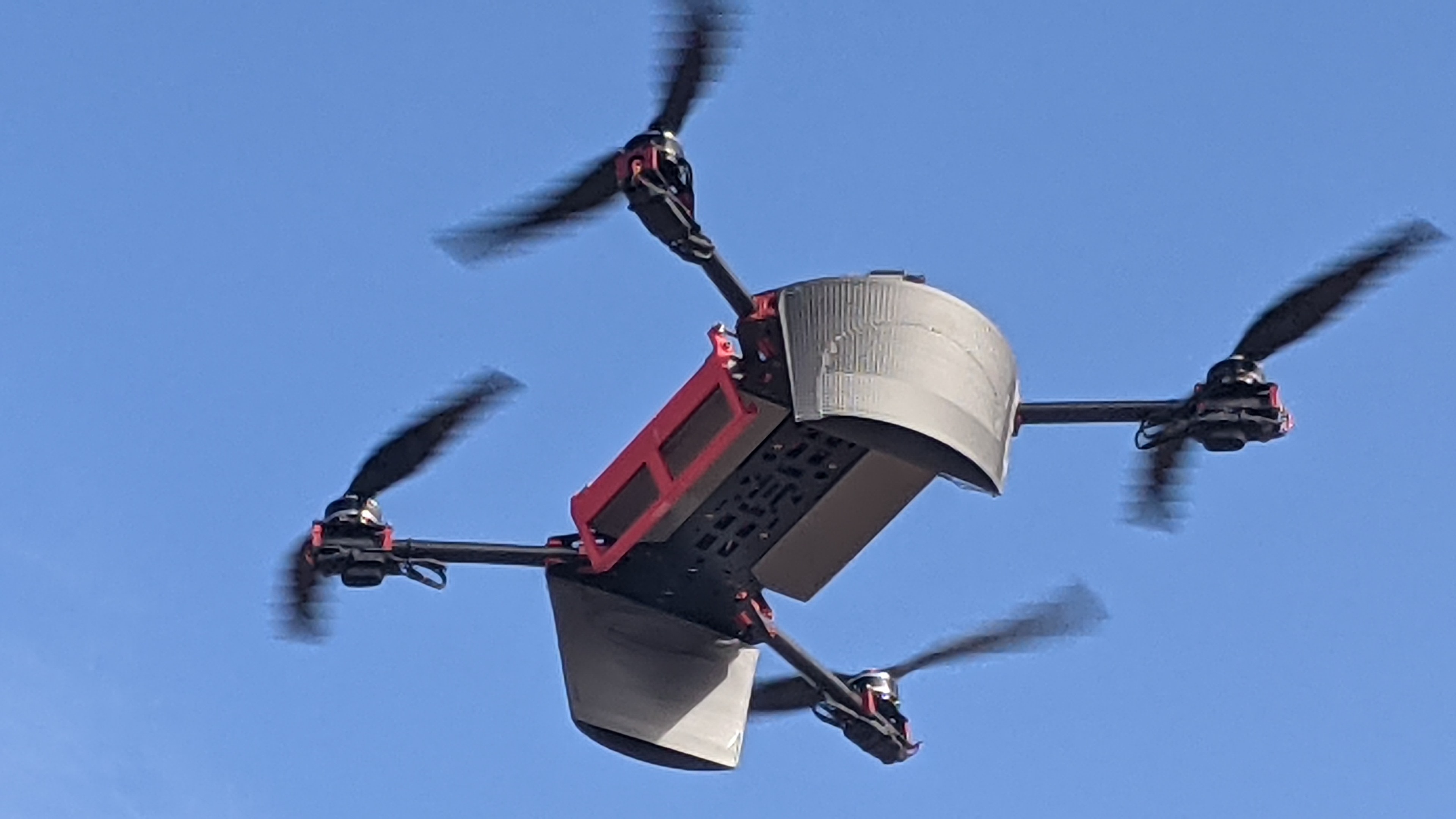 Custom built drone test flying in the San Fernando Valley practice field, Apollo Airfield.