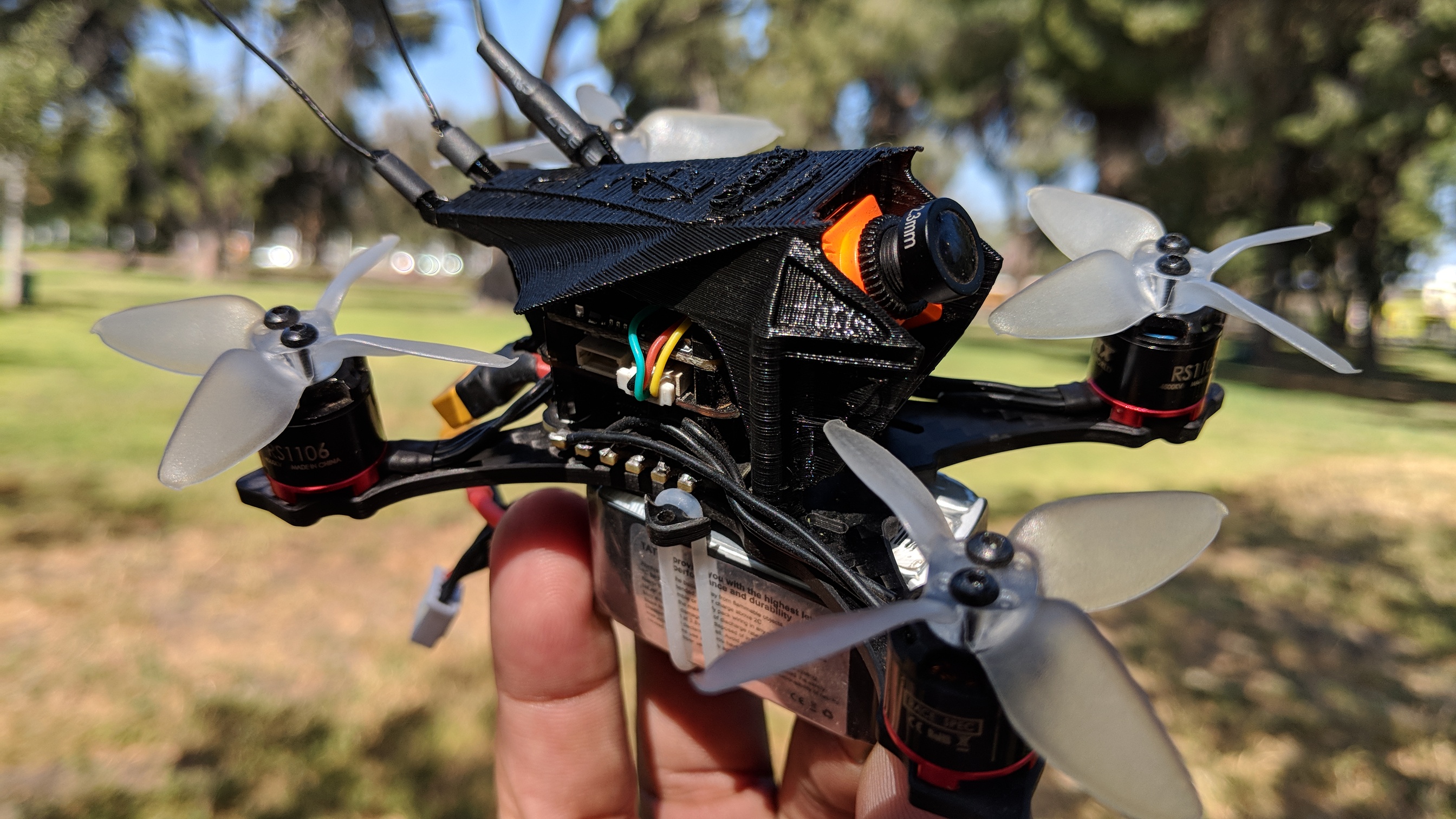 Featured drone for micro FPV racing. Drone uses 2.5" props. Picture taken at Hansen Dam in San Fernando Valley